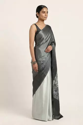 Grey printed satin saree with blouse piece