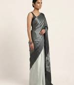 Grey printed satin saree with blouse piece