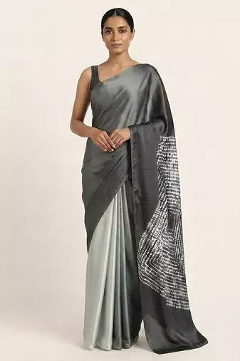 Grey printed satin saree with blouse piece