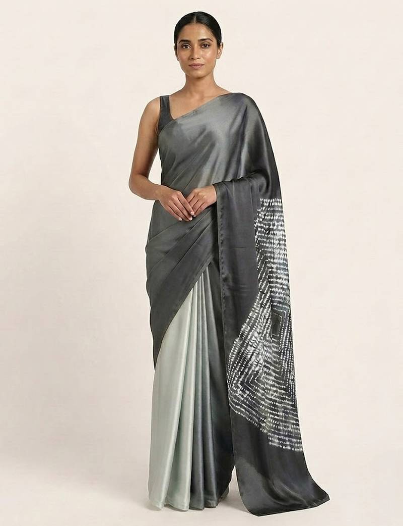Grey printed satin saree with blouse piece