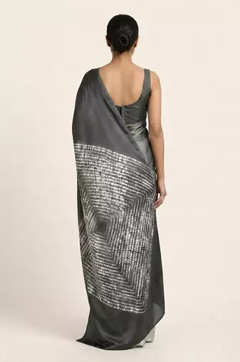 Grey printed satin saree with blouse piece