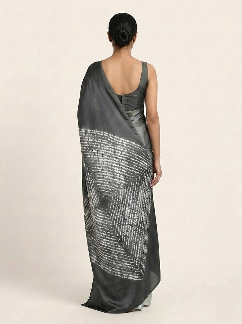 Grey printed satin saree with blouse piece
