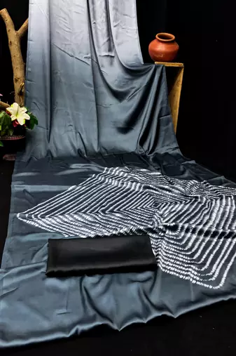 Grey printed satin saree with blouse piece