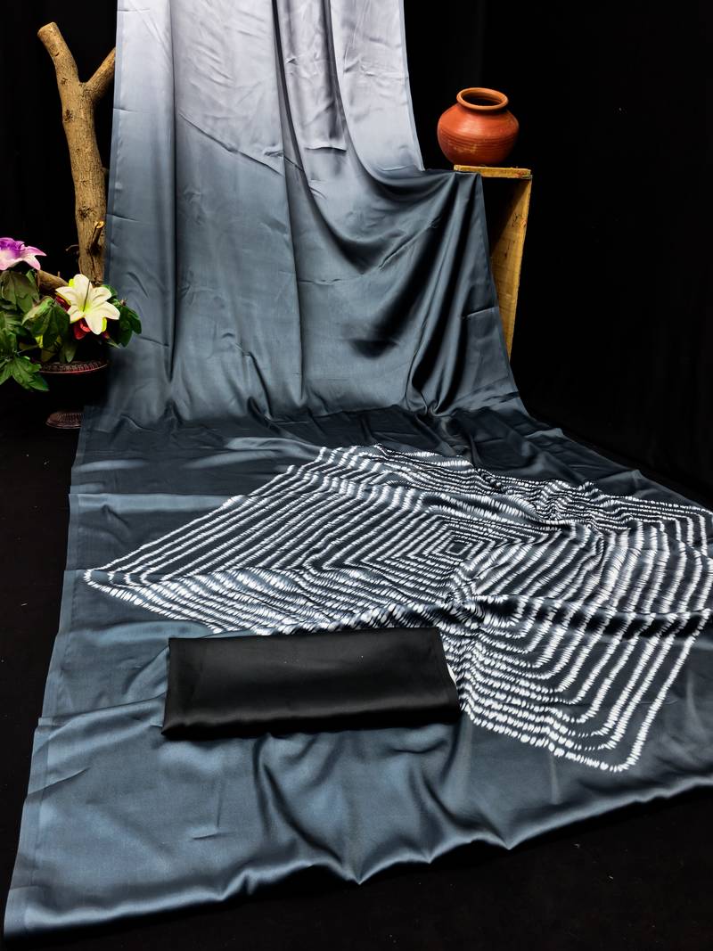 Grey printed satin saree with blouse piece