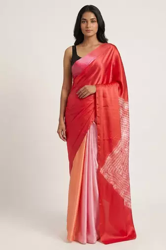 Red printed satin saree with blouse piece