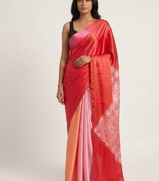 Red printed satin saree with blouse piece