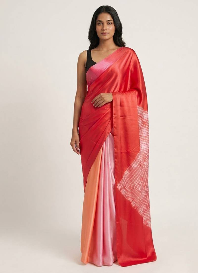 Red printed satin saree with blouse piece
