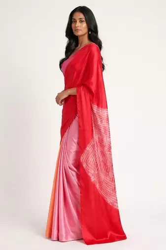 Red printed satin saree with blouse piece