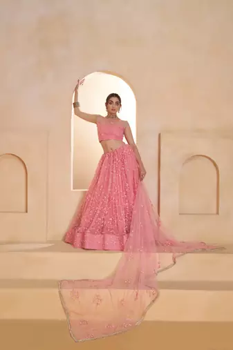 Light Pink Net Zari Embroidered Sequins Beads Lehenga Wedding Wear For Women's