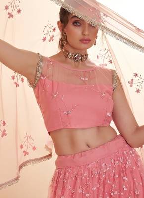 Light Pink Net Zari Embroidered Sequins Beads Lehenga Wedding Wear For Women's 2