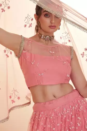 Light Pink Net Zari Embroidered Sequins Beads Lehenga Wedding Wear For Women's