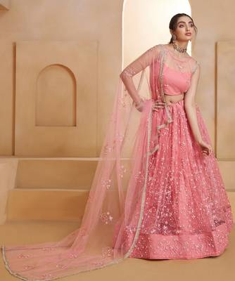 Light Pink Net Zari Embroidered Sequins Beads Lehenga Wedding Wear For Women's 3