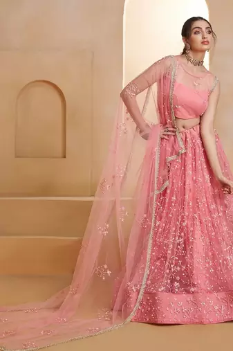 Light Pink Net Zari Embroidered Sequins Beads Lehenga Wedding Wear For Women's