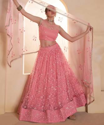 Light Pink Net Zari Embroidered Sequins Beads Lehenga Wedding Wear For Women's 4