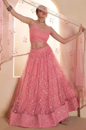 Light Pink Net Zari Embroidered Sequins Beads Lehenga Wedding Wear For Women's