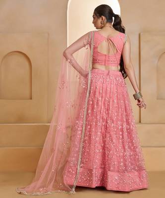 Light Pink Net Zari Embroidered Sequins Beads Lehenga Wedding Wear For Women's 5