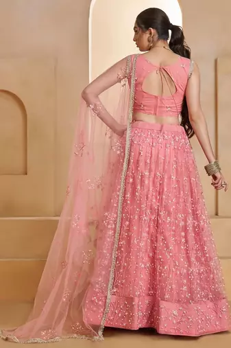 Light Pink Net Zari Embroidered Sequins Beads Lehenga Wedding Wear For Women's