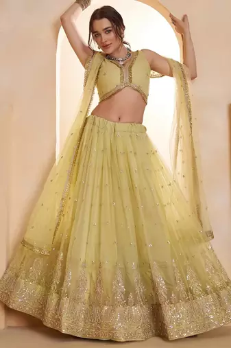 Lemon Yellow Net Zari Embroidered Sequins Beads Lehenga Wedding Wear For Women's 
