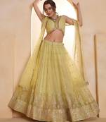 Lemon Yellow Net Zari Embroidered Sequins Beads Lehenga Wedding Wear For Women's 
