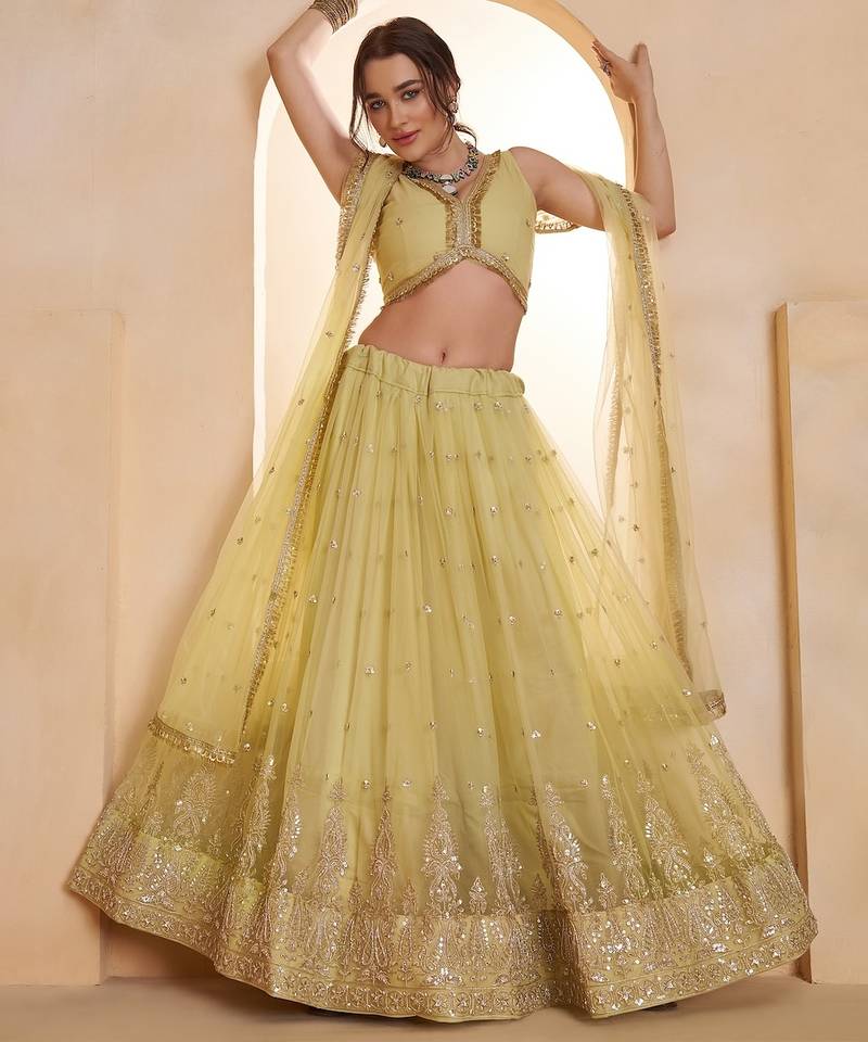 Lemon Yellow Net Zari Embroidered Sequins Beads Lehenga Wedding Wear For Women's 