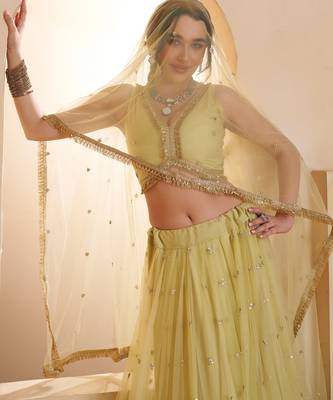 Lemon Yellow Net Zari Embroidered Sequins Beads Lehenga Wedding Wear For Women's  2