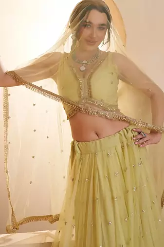 Lemon Yellow Net Zari Embroidered Sequins Beads Lehenga Wedding Wear For Women's 