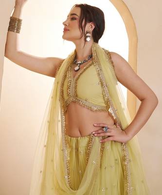 Lemon Yellow Net Zari Embroidered Sequins Beads Lehenga Wedding Wear For Women's  3