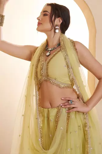 Lemon Yellow Net Zari Embroidered Sequins Beads Lehenga Wedding Wear For Women's 
