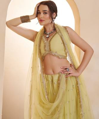 Lemon Yellow Net Zari Embroidered Sequins Beads Lehenga Wedding Wear For Women's  4