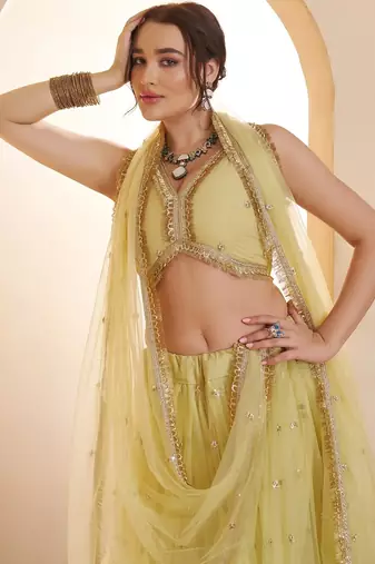 Lemon Yellow Net Zari Embroidered Sequins Beads Lehenga Wedding Wear For Women's 