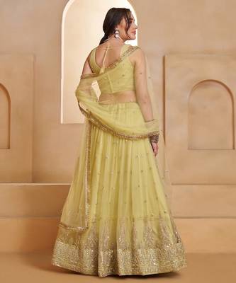 Lemon Yellow Net Zari Embroidered Sequins Beads Lehenga Wedding Wear For Women's  5