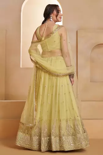 Lemon Yellow Net Zari Embroidered Sequins Beads Lehenga Wedding Wear For Women's 