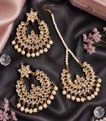 Gold Plated Off-White Pearled Kundan Embellished Dangler Earrings cum Tikka Set 