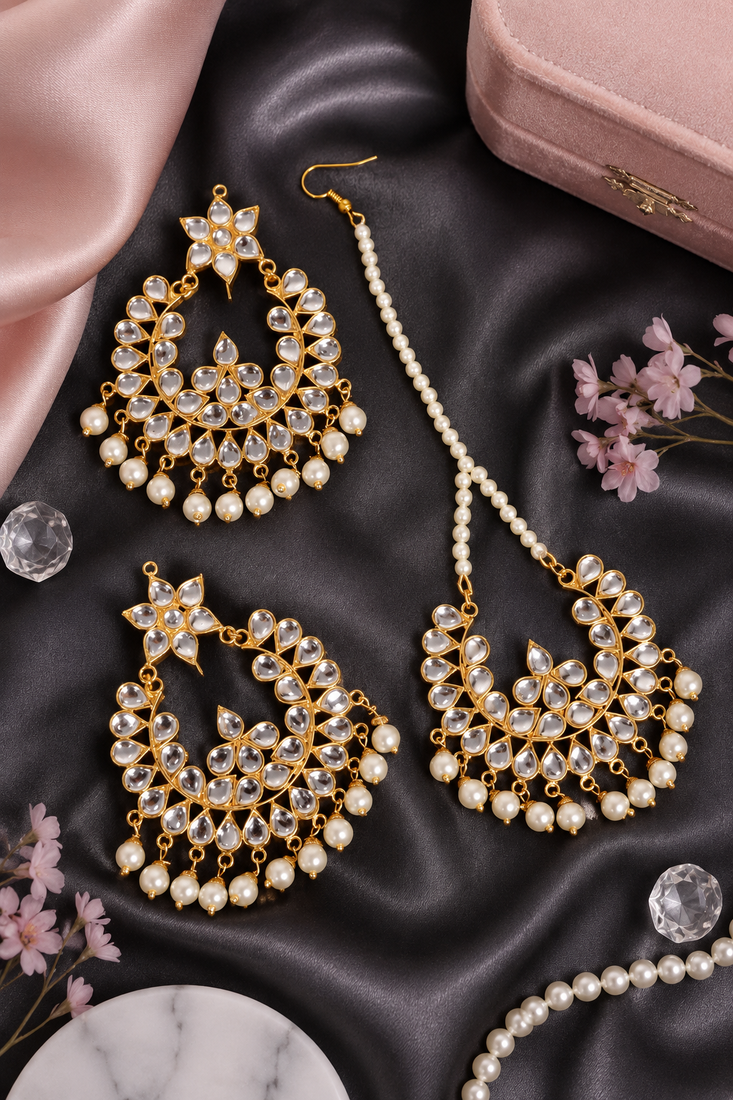 Kundan embellished dangler earrings maang tikka set