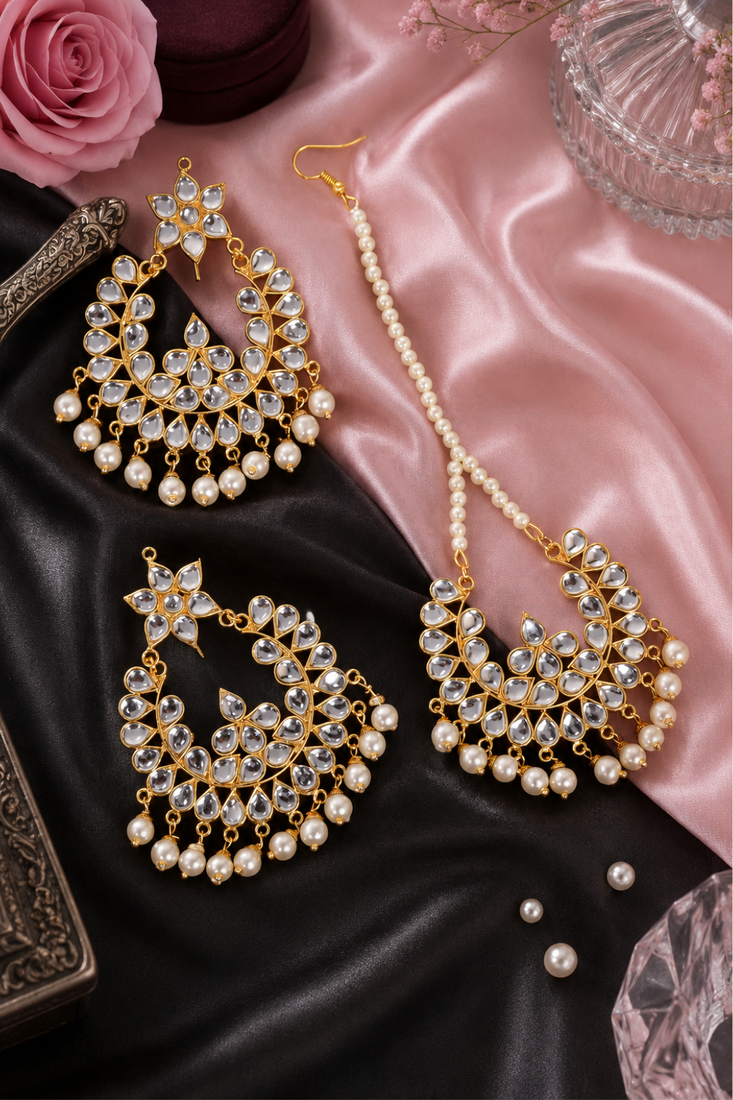 Kundan embellished dangler earrings maang tikka set