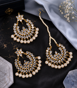 Gold Plated Off-White Pearled Kundan Embellished Dangler Earrings cum Tikka Set for Women