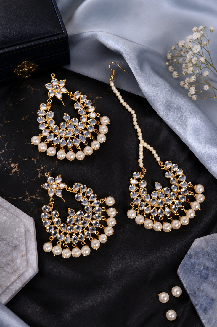 Gold plated punjabi kundan earrings tikka set