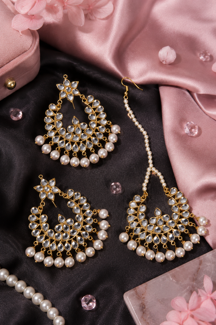 Gold plated punjabi kundan earrings tikka set