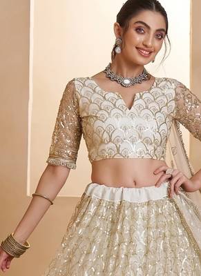 Off White Net Zari Embroidered Sequins Beads Lehenga Wedding Wear 1