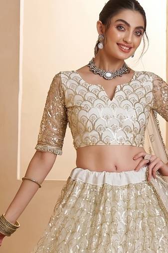 Off White Net Zari Embroidered Sequins Beads Lehenga Wedding Wear