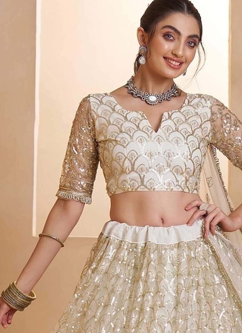 Off White Net Zari Embroidered Sequins Beads Lehenga Wedding Wear