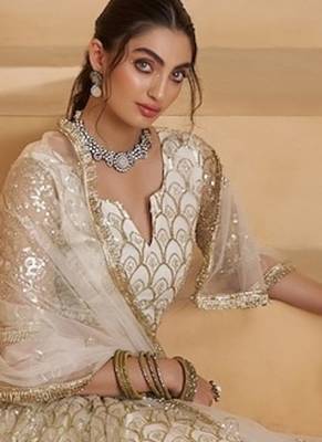 Off White Net Zari Embroidered Sequins Beads Lehenga Wedding Wear 2