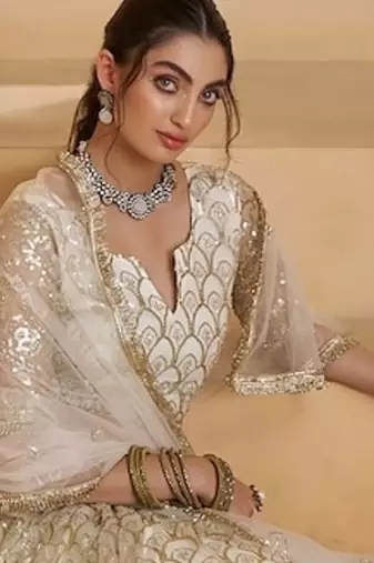 Off White Net Zari Embroidered Sequins Beads Lehenga Wedding Wear