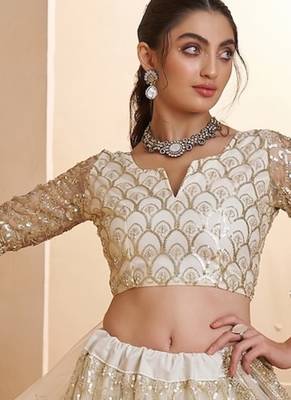 Off White Net Zari Embroidered Sequins Beads Lehenga Wedding Wear 3