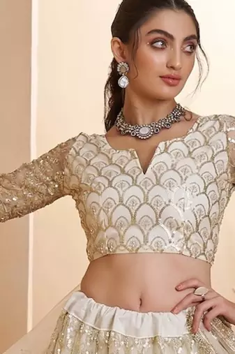 Off White Net Zari Embroidered Sequins Beads Lehenga Wedding Wear