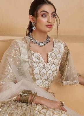 Off White Net Zari Embroidered Sequins Beads Lehenga Wedding Wear 4