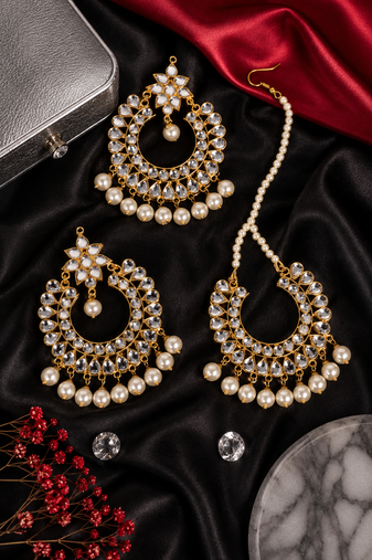 Kundan pearl dangler earrings and maang tikka