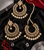 Off-White Pearled Kundan Embellished Dangler Earrings cum Tikka 