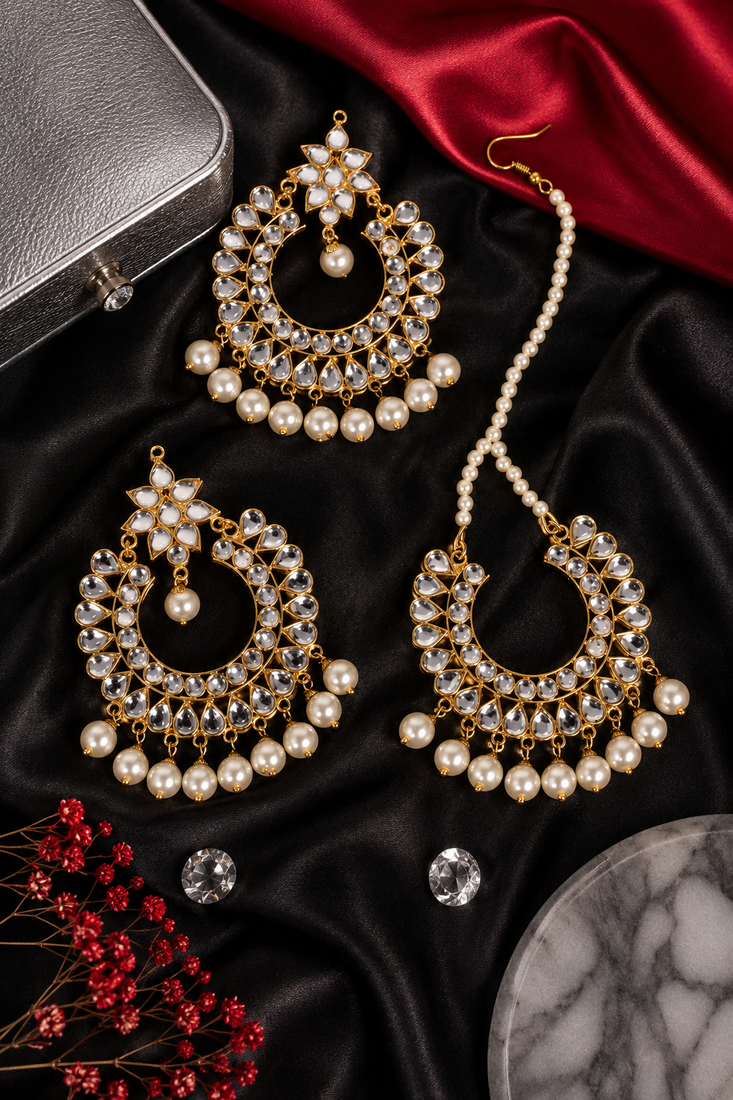 Off-White Pearled Kundan Embellished Dangler Earrings cum Tikka 