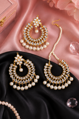Off-White Pearled Kundan Embellished Dangler Earrings cum Tikka  2